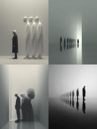 单人多重时间维度呈现，简洁场景中直线排列的透明幻影，唯一真实主体突出显示，极简构图，高级灰色调