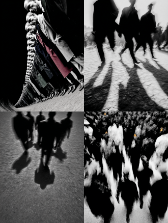 彩色，透视特写，幻影，多重时间维度呈现，真人在透明魂魄队列中行走，多重残影，人物残像，极繁构图，高级彩色调，高清32k。