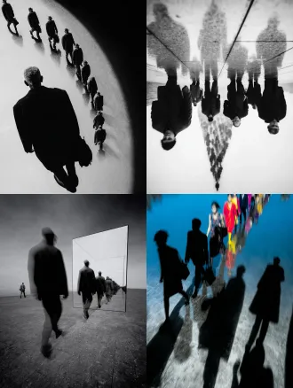 彩色，透视特写，幻影，多重时间维度呈现，真人在透明魂魄队列中行走，多重残影，人物残像，极繁构图，高级彩色调，高清32k。