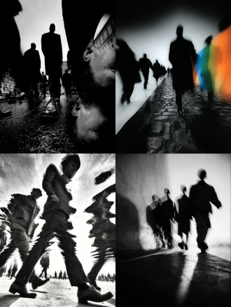 彩色，透视特写，幻影，多重时间维度呈现，真人在透明魂魄队列中行走，多重残影，人物残像，极繁构图，高级彩色调，高清32k。