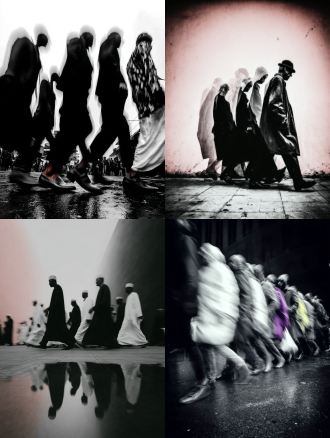 彩色，透视特写，幻影，多重时间维度呈现，真人在透明魂魄队列中行走，城市街道，多重残影，人物残像，极繁构图，高级彩色调，高清32k。