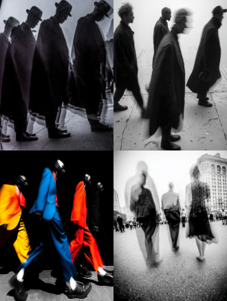 彩色，透视特写，幻影，多重时间维度呈现，真人在透明魂魄队列中行走，城市街道，多重残影，人物残像，极繁构图，高级彩色调，高清32k。