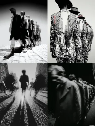 彩色，透视特写，幻影，多重时间维度呈现，真人在透明魂魄队列中行走，城市街道，多重残影，人物残像，极繁构图，高级彩色调，高清32k。