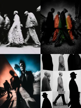 彩色，透视特写，幻影，多重时间维度呈现，真人在透明魂魄队列中行走，城市街道，多重残影，人物残像，极繁构图，高级彩色调，高清32k。