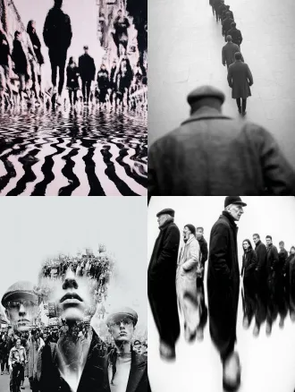 彩色，透视特写，幻影，多重时间维度呈现，真人在透明魂魄队列中行走，城市街道，多重人物残影，人物残像，极繁构图，高级彩色调，高清32k。