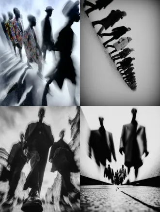 彩色，透视特写，幻影，多重时间维度呈现，真人在透明魂魄队列中行走，城市街道，多重人物残影，人物残像，极繁构图，高级彩色调，高清32k。