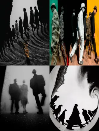 彩色，透视特写，幻影，多重时间维度呈现，真人在透明魂魄队列中行走，城市街道，多重人物残影，人物残像，极繁构图，高级彩色调，高清32k。