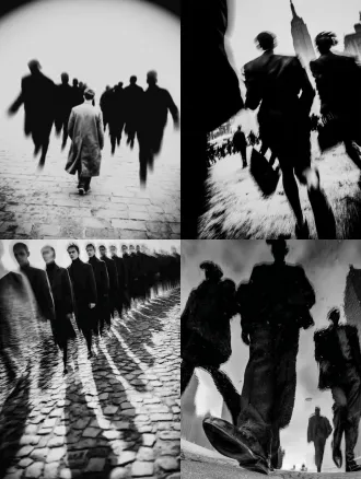 彩色，透视特写，幻影，多重时间维度呈现，真人在透明魂魄队列中行走，城市街道，多重人物残影，人物残像，极繁构图，高级彩色调，高清32k。