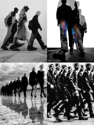 彩色，透视特写，幻影，多重时间维度呈现，真人在透明魂魄队列中行走，城市街道，多重人物残影，人物残像，极繁构图，高级彩色调，高清32k。