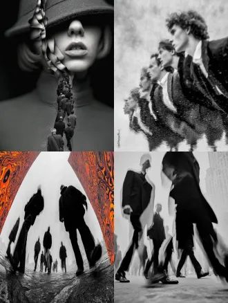 彩色，透视特写，幻影，多重时间维度呈现，真人在透明魂魄队列中行走，城市街道，多重人物残影，人物残像，极繁构图，高级彩色调，高清32k。