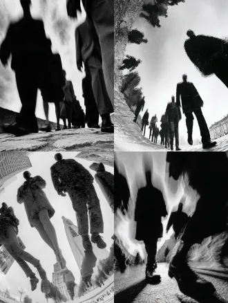 彩色，透视特写，幻影，多重时间维度呈现，真人在透明魂魄队列中行走，城市街道，多重人物残影，人物残像，极繁构图，高级彩色调，高清32k。