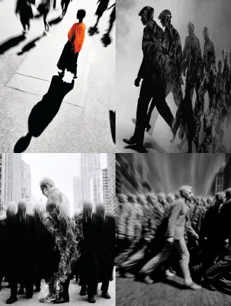 彩色，侧面，透视特写，幻影，多重时间维度呈现，真人在透明魂魄队列中行走，城市街道，多重人物残影，人物残像，极繁构图，高级彩色调，高清32k。