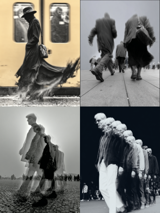 彩色，侧面，透视特写，幻影，多重时间维度呈现，真人在透明魂魄队列中行走，城市街道，拖尾残影，多重人物残影，人物残像，极繁构图，高级彩色调，高清32k。