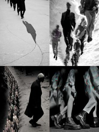 彩色，侧面，透视特写，幻影，多重时间维度呈现，真人在透明魂魄队列中行走，城市街道，拖尾残影，多重人物残影，人物残像，极繁构图，高级彩色调，高清32k。