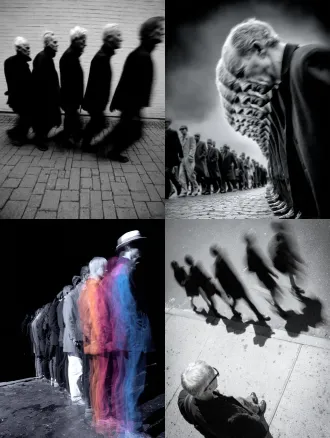 彩色，侧面，透视特写，幻影，多重时间维度呈现，真人在透明魂魄队列中行走，城市街道，拖尾残影，多重人物残影，人物残像，极繁构图，高级彩色调，高清32k。