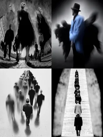 彩色，正面，透视特写，幻影，多重时间维度呈现，真人在透明魂魄队列中行走，城市街道，拖尾残影，多重人物残影，人物残像，极繁构图，高级彩色调，高清32k。