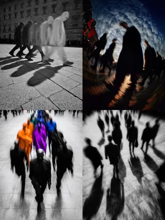 彩色，正面，透视特写，幻影，多重时间维度呈现，真人在透明魂魄队列中行走，城市街道，拖尾残影，多重人物残影，人物残像，极繁构图，高级彩色调，高清32k。