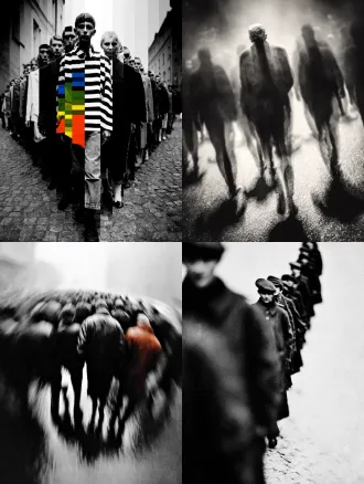 彩色，正面，透视特写，幻影，多重时间维度呈现，真人在透明魂魄队列中行走，城市街道，拖尾残影，多重人物残影，人物残像，极繁构图，高级彩色调，高清32k。