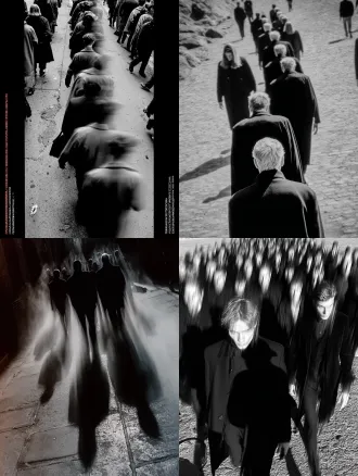 彩色，正面，透视特写，幻影，多重时间维度呈现，真人在透明魂魄队列中行走，城市街道，拖尾残影，多重人物残影，人物残像，极繁构图，高级彩色调，高清32k。