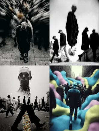 彩色，正面，透视特写，幻影，多重时间维度呈现，真人在透明魂魄队列中行走，城市街道，拖尾残影，多重人物残影，人物残像，极繁构图，高级彩色调，高清32k。