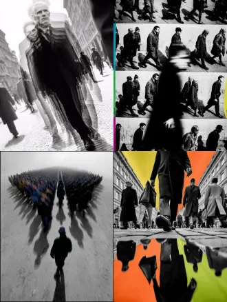 彩色，正面，透视特写，幻影，多重时间维度呈现，真人在透明魂魄队列中行走，城市街道，拖尾残影，多重人物残影，人物残像，极繁构图，高级彩色调，高清32k。