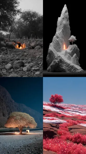 white rocks in the desert, small tree on fire, small flame, all black tree, photo in the style of steven klein, white color palette, pale colors, high contrast lights