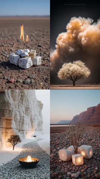 white rocks in the desert, small tree on fire, small flame, all black tree, photo in the style of steven klein, white color palette, pale colors, high contrast lights