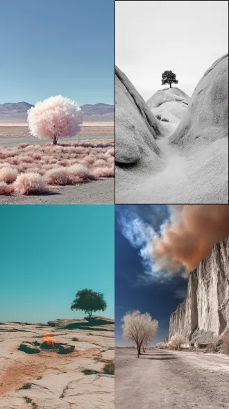 white rocks in the desert, small tree on fire, small flame, all black tree, photo in the style of steven klein, white color palette, pale colors, high contrast lights