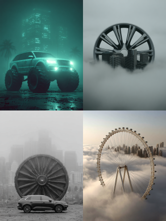 一辆车有着巨大的车轮，车上运载着一座现代化城市，烟雾笼罩着城市。16:9