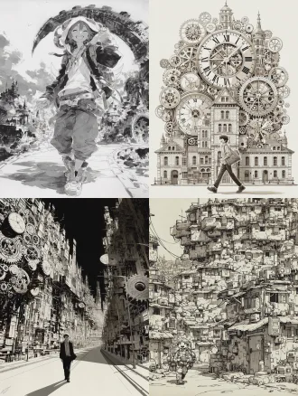 黑白水墨：机械齿轮构建的城市里，一个笑脸人走在路上黑白水墨：机械齿轮构建的城市里，一个笑脸人走在路上