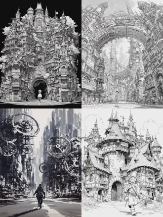 黑白水墨：机械齿轮构建的城市里，一个笑脸人走在路上黑白水墨：机械齿轮构建的城市里，一个笑脸人走在路上