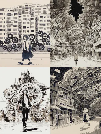 黑白水墨：机械齿轮构建的城市里，一个笑脸人走在路上黑白水墨：机械齿轮构建的城市里，一个笑脸人走在路上