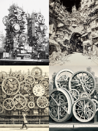 黑白水墨：机械齿轮构建的城市里，一个笑脸人走在路上黑白水墨：机械齿轮构建的城市里，一个笑脸人走在路上