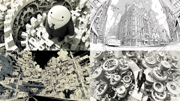 黑白水墨：机械齿轮构建的城市里，一个穿着西服的笑脸木偶走在路上，特殊视角，特殊构图