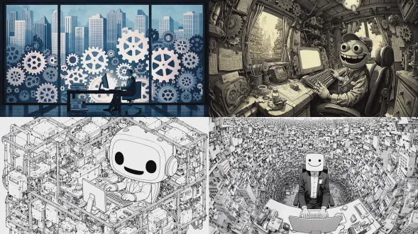 黑白水墨：机械齿轮构建的城市里，一个机械齿轮构建的房间内，一个穿着西服的笑脸木偶在办公桌前玩电脑，，特殊视角，特殊构图