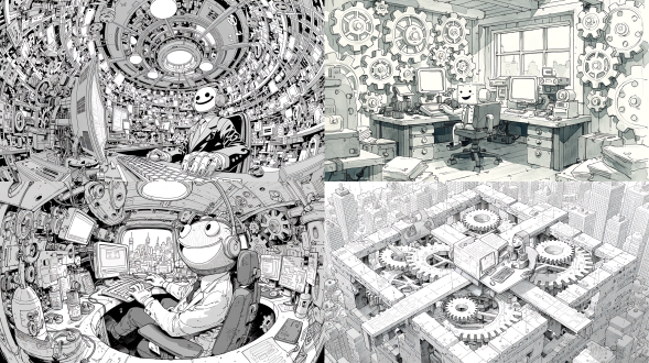 黑白水墨：机械齿轮构建的城市里，一个机械齿轮构建的房间内，一个穿着西服的笑脸木偶在办公桌前玩电脑，，特殊视角，特殊构图