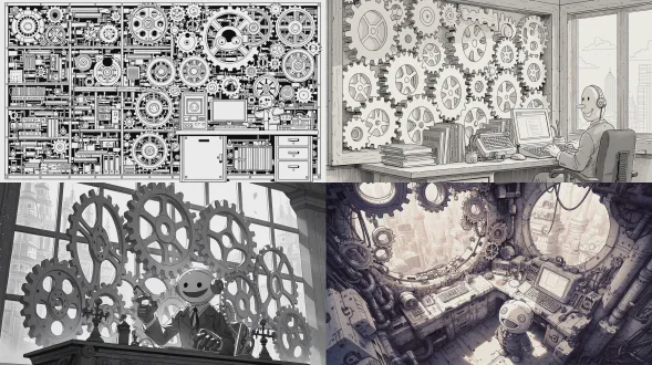 黑白水墨：机械齿轮构建的城市里，一个机械齿轮构建的房间内，一个穿着西服的笑脸木偶在办公桌前玩电脑，，特殊视角，特殊构图