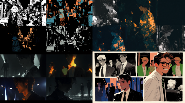 "prompt": "穿着西服傻笑的木偶人，four panel collage of people walking in urban settings, varying styles: top - left: black - and - white with textured clothing (e.g., lace - patterned dress), top - right: color - blocked figures (orange, green) against dark background, bottom - left: dramatic lighting (blue and orange) with shadowy figures, bottom - right: monochromatic silhouettes and profiles, high - contrast, street photography vibe"