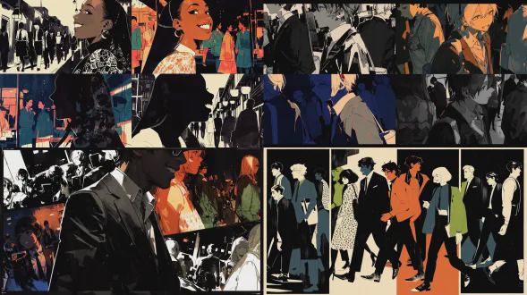 "prompt": "穿着西服傻笑的木偶人，four panel collage of people walking in urban settings, varying styles: top - left: black - and - white with textured clothing (e.g., lace - patterned dress), top - right: color - blocked figures (orange, green) against dark background, bottom - left: dramatic lighting (blue and orange) with shadowy figures, bottom - right: monochromatic silhouettes and profiles, high - contrast, street photography vibe"