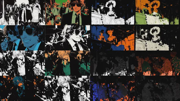 "prompt": "穿着西服傻笑的木偶人，four panel collage of people walking in urban settings, varying styles: top - left: black - and - white with textured clothing (e.g., lace - patterned dress), top - right: color - blocked figures (orange, green) against dark background, bottom - left: dramatic lighting (blue and orange) with shadowy figures, bottom - right: monochromatic silhouettes and profiles, high - contrast, street photography vibe"