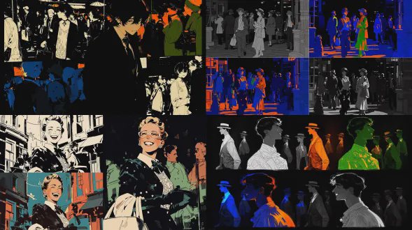"prompt": "穿着西服傻笑的木偶人，four panel collage of people walking in urban settings, varying styles: top - left: black - and - white with textured clothing (e.g., lace - patterned dress), top - right: color - blocked figures (orange, green) against dark background, bottom - left: dramatic lighting (blue and orange) with shadowy figures, bottom - right: monochromatic silhouettes and profiles, high - contrast, street photography vibe"