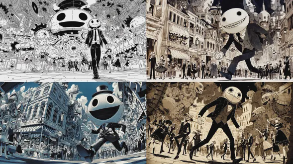 黑白水墨：全景镜头，机械齿轮构建的城市里，一个穿着西服的巨大的笑脸圆头木偶走在路上，夸张视角，，特殊视角，特殊构图，行人都是木偶人，商贩、跳舞美女和学生都是木偶人。有机械怪物和机械章鱼在行走。