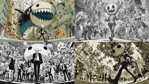 黑白水墨：全景镜头，机械齿轮构建的城市里，一个穿着西服的巨大的笑脸圆头木偶走在路上，夸张视角，，特殊视角，特殊构图，行人都是木偶人，商贩、跳舞美女和学生都是木偶人。有机械怪物和机械章鱼在行走。