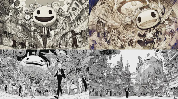 黑白水墨：全景镜头，机械齿轮构建的城市里，一个穿着西服的巨大的笑脸圆头木偶走在路上，夸张视角，，特殊视角，特殊构图，行人都是木偶人，商贩、跳舞美女和学生都是木偶人。有机械怪物和机械章鱼在行走。