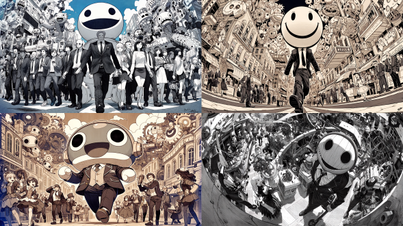 黑白水墨：全景镜头，机械齿轮构建的城市里，一个穿着西服的巨大的笑脸圆头木偶走在路上，夸张视角，，特殊视角，特殊构图，行人都是木偶人，商贩、跳舞美女和学生都是木偶人。有机械怪物和机械章鱼在行走。