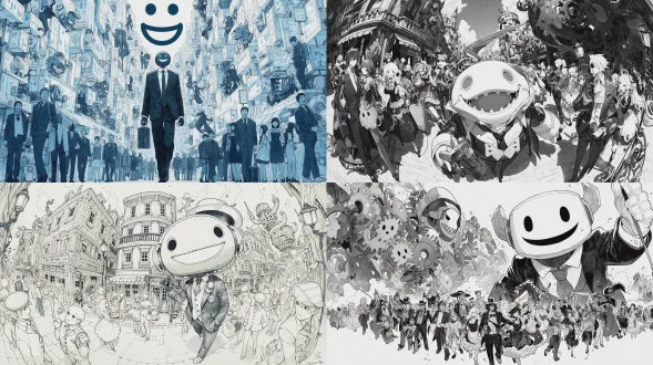 黑白水墨：全景镜头，机械齿轮构建的城市里，一个穿着西服的巨大的笑脸圆头木偶走在路上，夸张视角，，特殊视角，特殊构图，行人都是木偶人，商贩、跳舞美女和学生都是木偶人。有机械怪物和机械章鱼在行走。