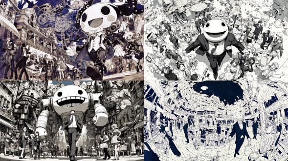 黑白水墨：全景镜头，机械齿轮构建的城市里，一个穿着西服的巨大的笑脸圆头木偶走在路上，夸张视角，，特殊视角，特殊构图，行人都是木偶人，商贩、跳舞美女和学生都是木偶人。有机械怪物和机械章鱼在行走。