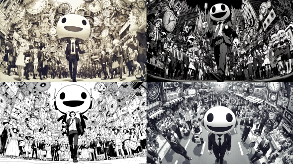 黑白水墨：全景镜头，机械装置快速转动，所有的齿轮和钟表都在转动，齿轮运转，镜头在机械城市里旋转穿梭，机械齿轮构建的城市里，一个穿着西服的巨大的笑脸圆头木偶走在路上，夸张视角，，特殊视角，特殊构图，行人都是木偶人，商贩、跳舞美女和学生都是木偶人。有机械怪物和机械章鱼在行走。