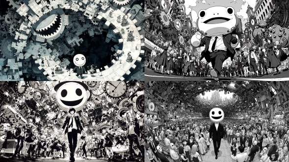 黑白水墨：全景镜头，机械装置快速转动，所有的齿轮和钟表都在转动，齿轮运转，镜头在机械城市里旋转穿梭，机械齿轮构建的城市里，一个穿着西服的巨大的笑脸圆头木偶走在路上，夸张视角，，特殊视角，特殊构图，行人都是木偶人，商贩、跳舞美女和学生都是木偶人。有机械怪物和机械章鱼在行走。