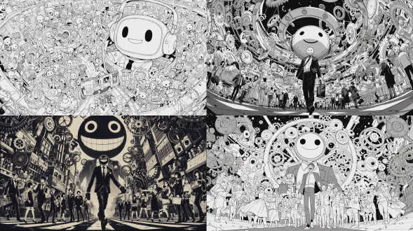 黑白水墨：全景镜头，机械装置快速转动，所有的齿轮和钟表都在转动，齿轮运转，镜头在机械城市里旋转穿梭，机械齿轮构建的城市里，一个穿着西服的巨大的笑脸圆头木偶走在路上，夸张视角，，特殊视角，特殊构图，行人都是木偶人，商贩、跳舞美女和学生都是木偶人。有机械怪物和机械章鱼在行走。